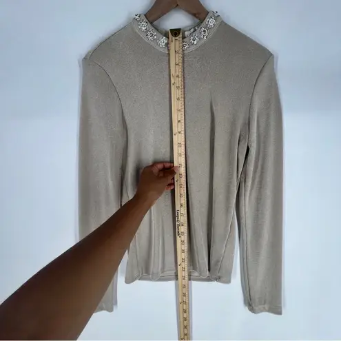 Endless Rose Metallic Gold Stretch Jersey Liquid Knit Embellished Neck Top M