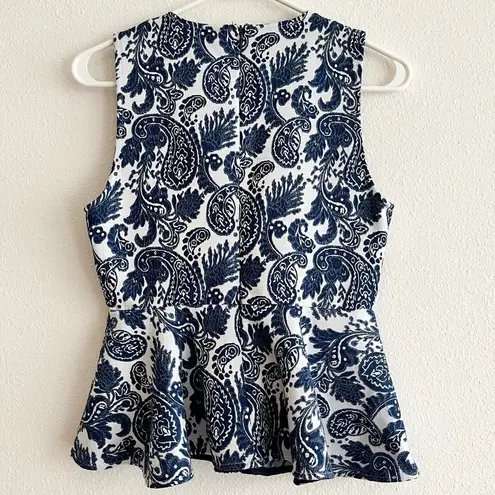 ZARA  Jacquard Textured White Blue Paisley Peplum Sleeveless Embroidered Top S