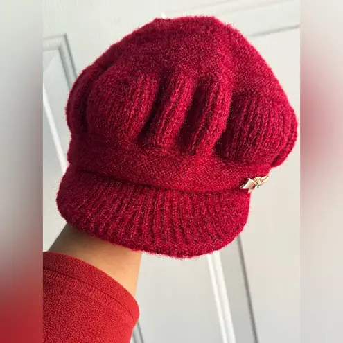 Red Knit Beret Hat with Fleece Lining & Bow Accent