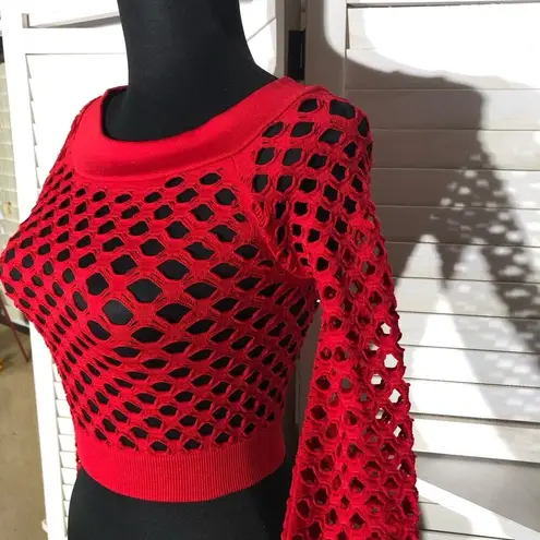 Vintage red Y2K Mesh Top Fishnet Stretch Long Sleeves Lightweight Red sz S M