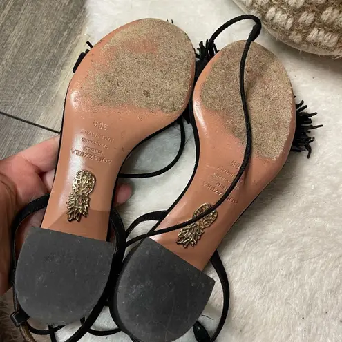 Aquazzura Black Fringe Wild Thing Block Heel Sandals Size 5.5