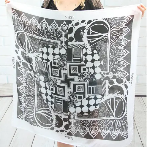 Vintage Deco Nouveau Verna Design B&W Square Cotton Scarf Black