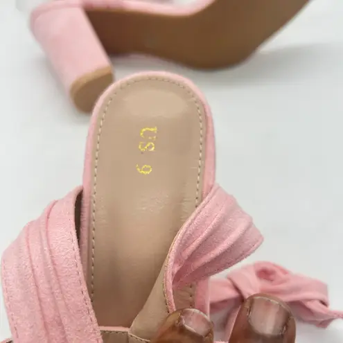 Allegra K Sandals Womens 9 Pink Block Heel Ankle Tie Soft Suede Open Toe NEW