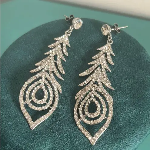 Stunning Bridal Prom Formal Silver Crystal Peacock Feather Design Drop Earrings