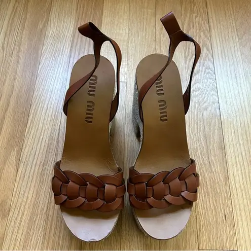 Miu Miu Brown Leather Platform Open Toe Weave Shoes Size Euro 40