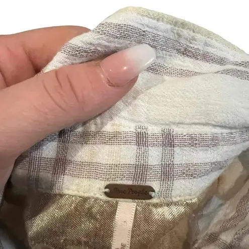 Free People  Small Beige Plaid Cropped Batwing Long Sleeve‎ ButtonUp Shirt