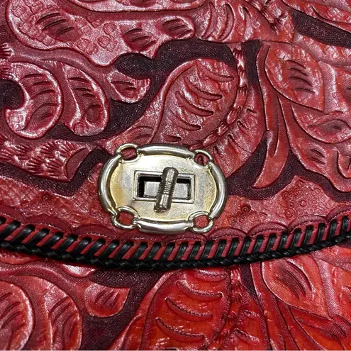 Red Leather Floral Tooled Shoulder Bag Purse