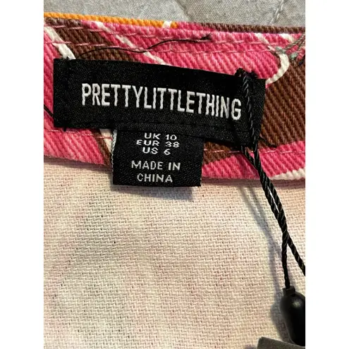 Pretty Little Thing Corset Size 6 US Pink Dipped Hem Flower Print Denim Top NWT