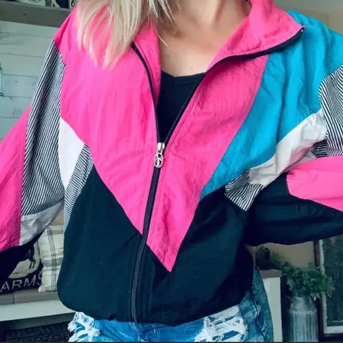 Lavon Vintage funky retro color block zip up windbreaker jacket