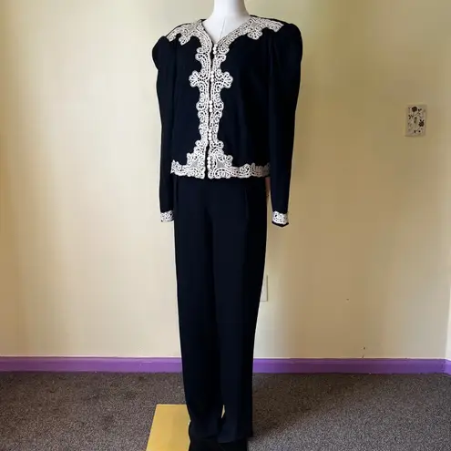 Vintage 1980s Marie St. Claire Black Wool Lace Trim Suit Set Jacket Pants Sz 14