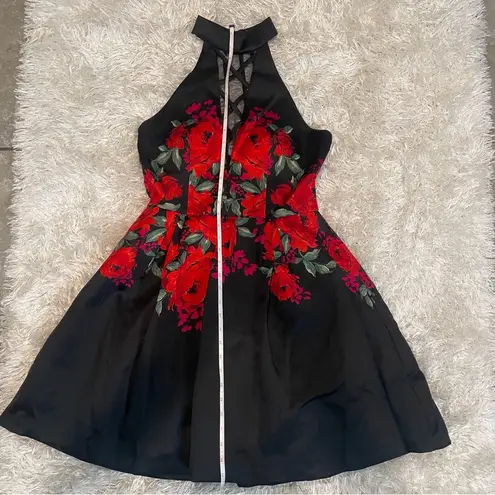 Dear Moon  Halter Dress Black with Red Roses Size 9 Homecoming Wedding Night Out