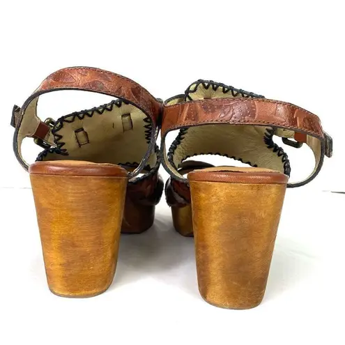 Patricia Nash Viola Brown Floral Printed Leather Wood Block Heel Sandals Sz 10