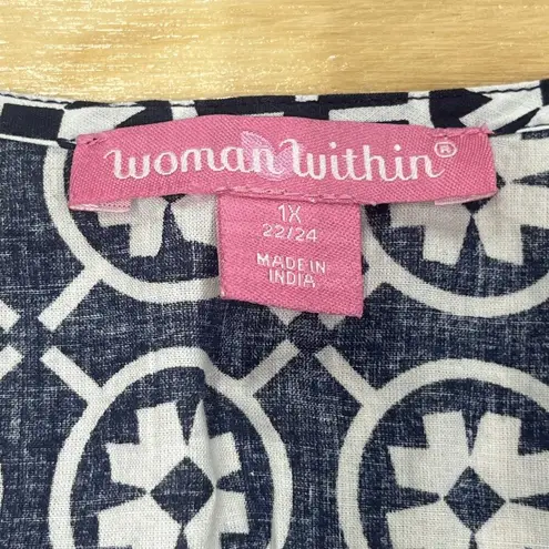 Woman Within Tunic Top Women’s 1X 22/24 Black White Embroidered Boho Cottagecore