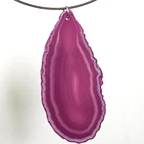 Silver Choker Necklace with Fuchsia Pink Dyed Agate Pendant Earrings Set