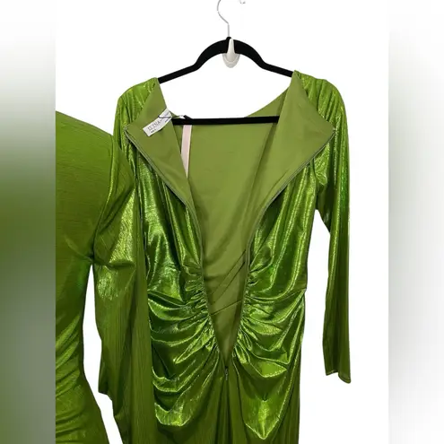 Mac Duggal NWT Drape Bodice Metallic Green Long Sleeve Dress 4 Gown Style 27165