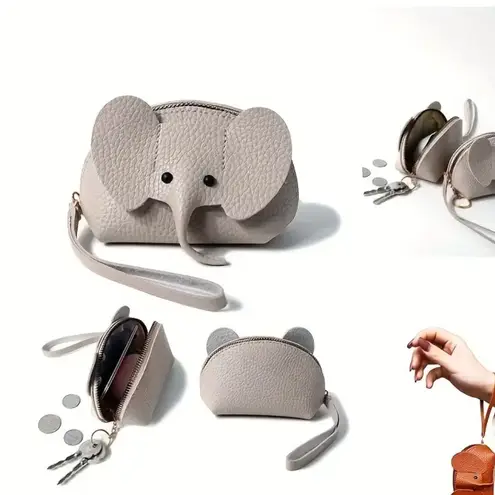 Mini Elephant Coin Purse Vegan Leather Zipper Wallet Keychain Cute NWT Gray
