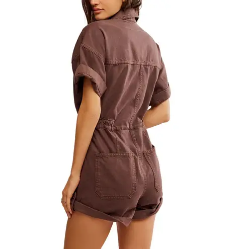 Free People We The Free Marci Cuffed Shortall Denim Romper Mocha Brown