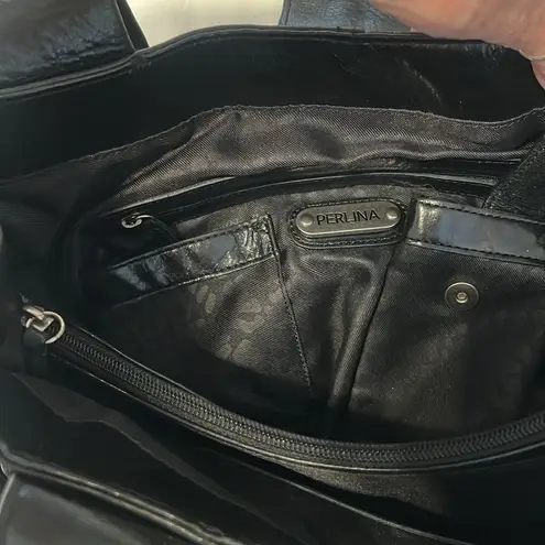 Perlina large black leather handbag 3 inside 1 outside zip pockets EUC