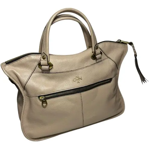 orYANY Beige Pebbled Leather Zipper Pockets Woven Top Handle Satchel Bag