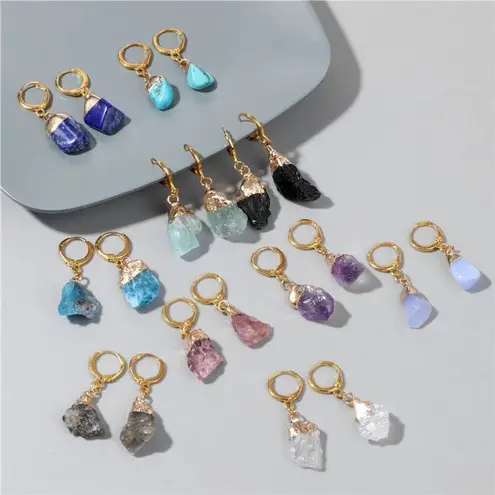 Boutique Handmade Gold Plated Turquoise Drop Huggie Hoop Earrings, 12mm