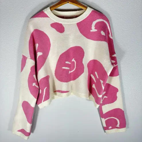 Women’s Cream Pink Smiley Face Pull Over Cropped Sweater Casual Size Medium