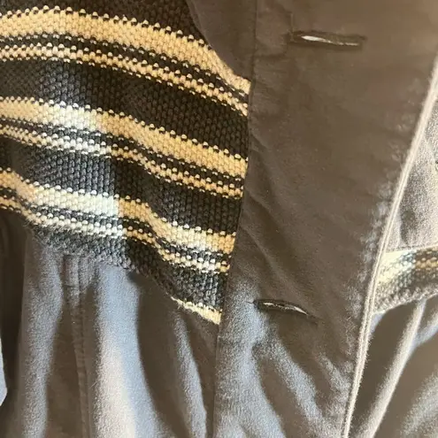 prAna Grey Coat with Striped Collar, stripe details at collar and cuffs, longer