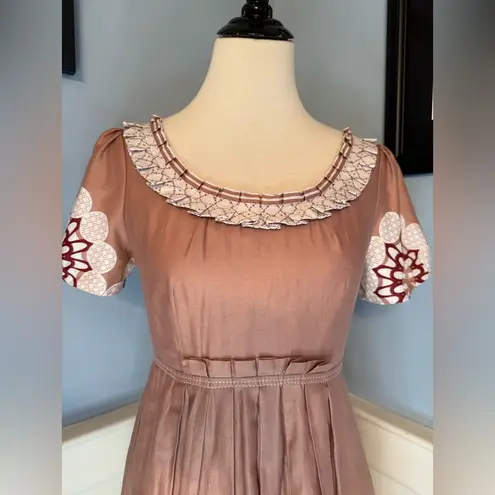 Retro Style Border Print Midi Dress by European Designer Langbow Sz 6 Brown