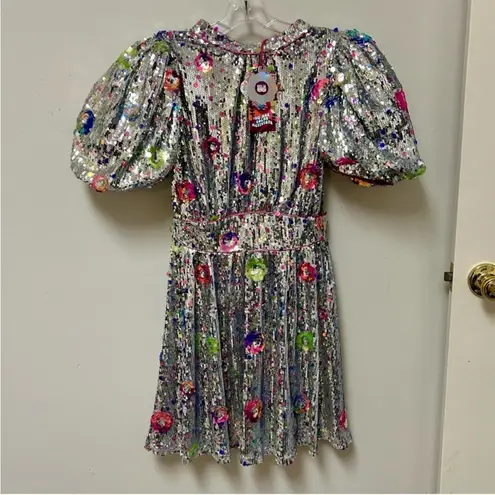 CeliaB Wonderer Silver Sequins Floral Statement Puff Sleeves Mini Dress NEW XXS