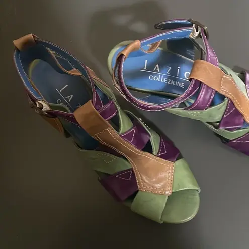 LAZIO COLLEZIONE Leather Green Purple Brown Bubba 2.5” Wedges $195 EUC 6.5
