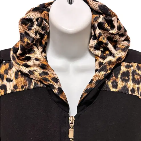 Joseph Ribkoff Black Leopard SS Hoodie Knit Top Jacket Sz 10 Sheer Sleeve Dressy