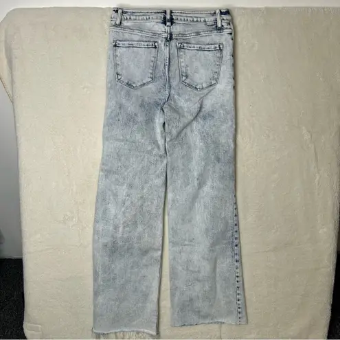 Risen Jeans Blue White Light Wash Denim Wide Leg Distressed Knee Frayed Hem 7/28