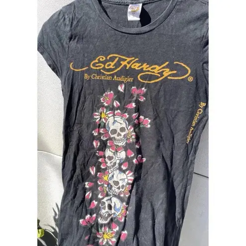 Ed Hardy Vintage Christian Audigier Women's Black T-Shirt Skulls Flower Tattoo S