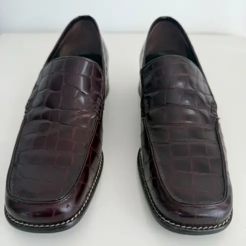 Vintage Nino Cerruti Loafers Womens 6 Croc Embossed Leather Square Toe Oxblood Black