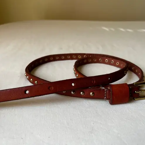 Y2K Brown Leather Studded Skinny Belt Brass Rivet Detailing Size Medium