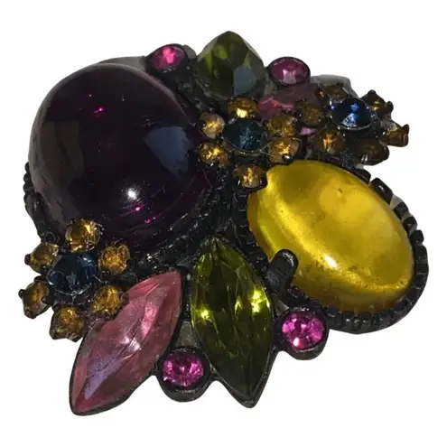 Colorful Floral Glass Cabochon Jelly Belly Black Japanned Vintage Pin/Brooch Black