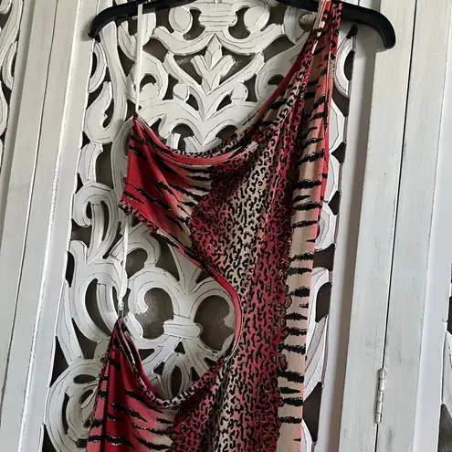 Women's 90s STUDIO f Red Gold Animal Print Asymmetrical Maxi Dress RARE Size L