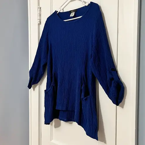 Yushi gauzy tunic top cobalt blue size medium lagenlook minimalist slouchy