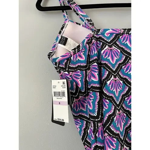 NWT Island Escape Geo Print Full Bust Support Modest Tankini Swim Top Sz 6 Purple