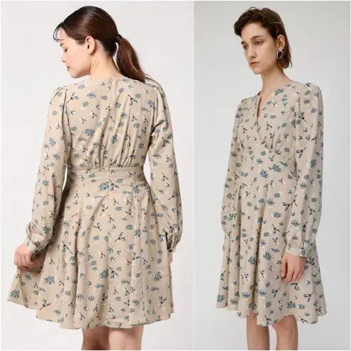 MOUSSY Floral Print Taupe Puff Long Sleeve Fit & Flare Dress Sz:1/Small Tan