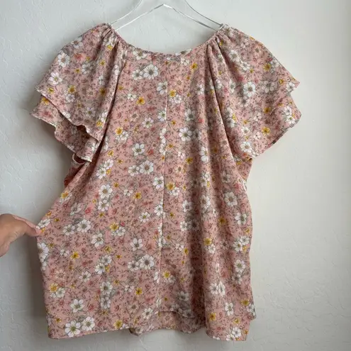 Sweet Rain Floral Blouse Pink Flutter Sleeve 2X