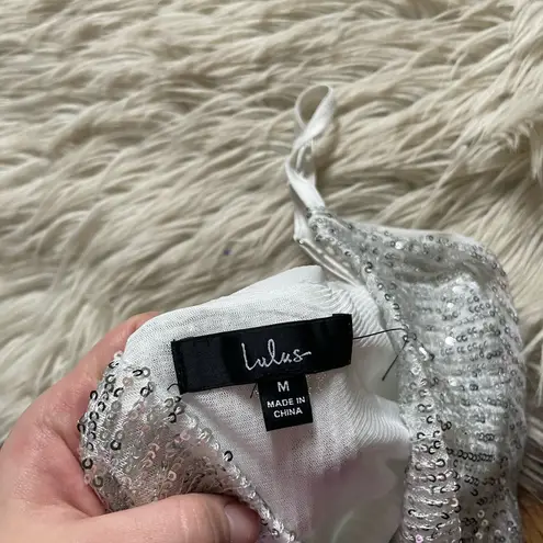 Lulu’s Small Here To Slay Silver Sequin Cowl Neck Bodysuit White Size M