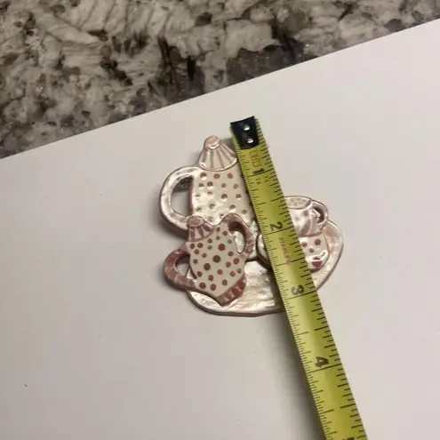 Hand Made Hand Crafted Ceramic Brooch Pin Pink Tea Set Hand Painted