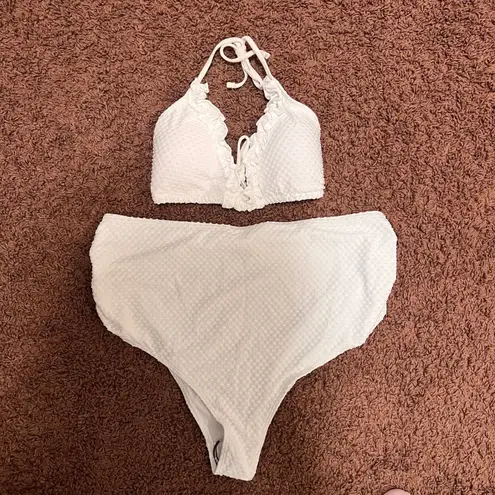 Womens 3 Piece Triangle Halter Bikini Set Ruffle Textured Fabric Size XL White - Image 2