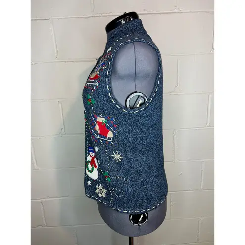 christmas sweater vest snowmen snowflakes beaded Blue Size M