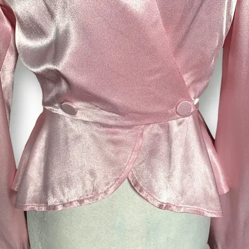 Vintage All That Jazz Pink Satin Peplum Blouse V Neck 80s Glam Blazer Hourglass Size XS