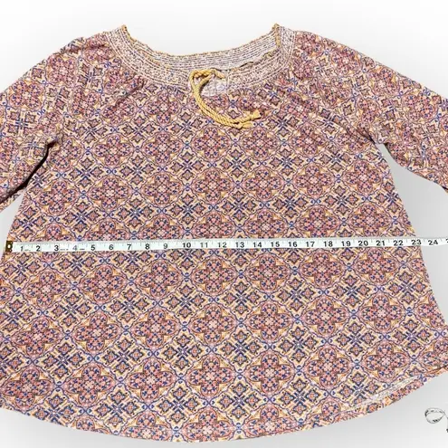 Ruff Hewn Orange Blue Boho Tie Front Blouse 3/4 Sleeve Relaxed Fit Size Large