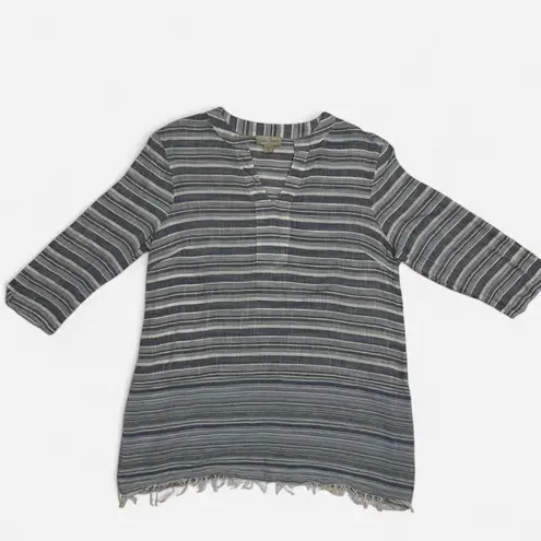 Charlie Paige Blue White Striped V-Neck Tunic Top Fringe Hem Size L