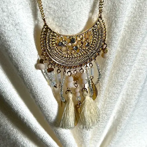Women’s Boho Double Strand Mixed Bead Fringe Tassel Gold Tone Medallion Necklace