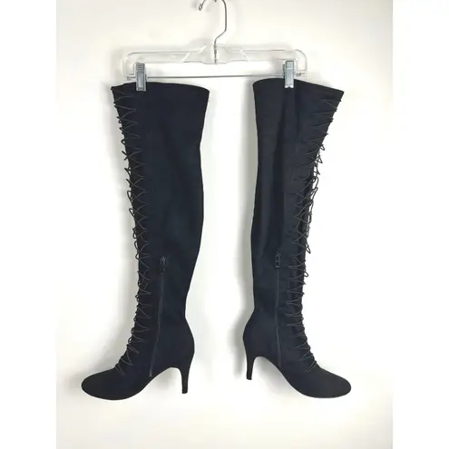 Black Lace Up Thigh High Stiletto Heel Boots Women's Size 7.5 Metal Accents