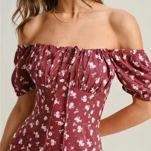 Rihoas Wine Red Floral Square Neck Puffed Sleeve Midi Dress